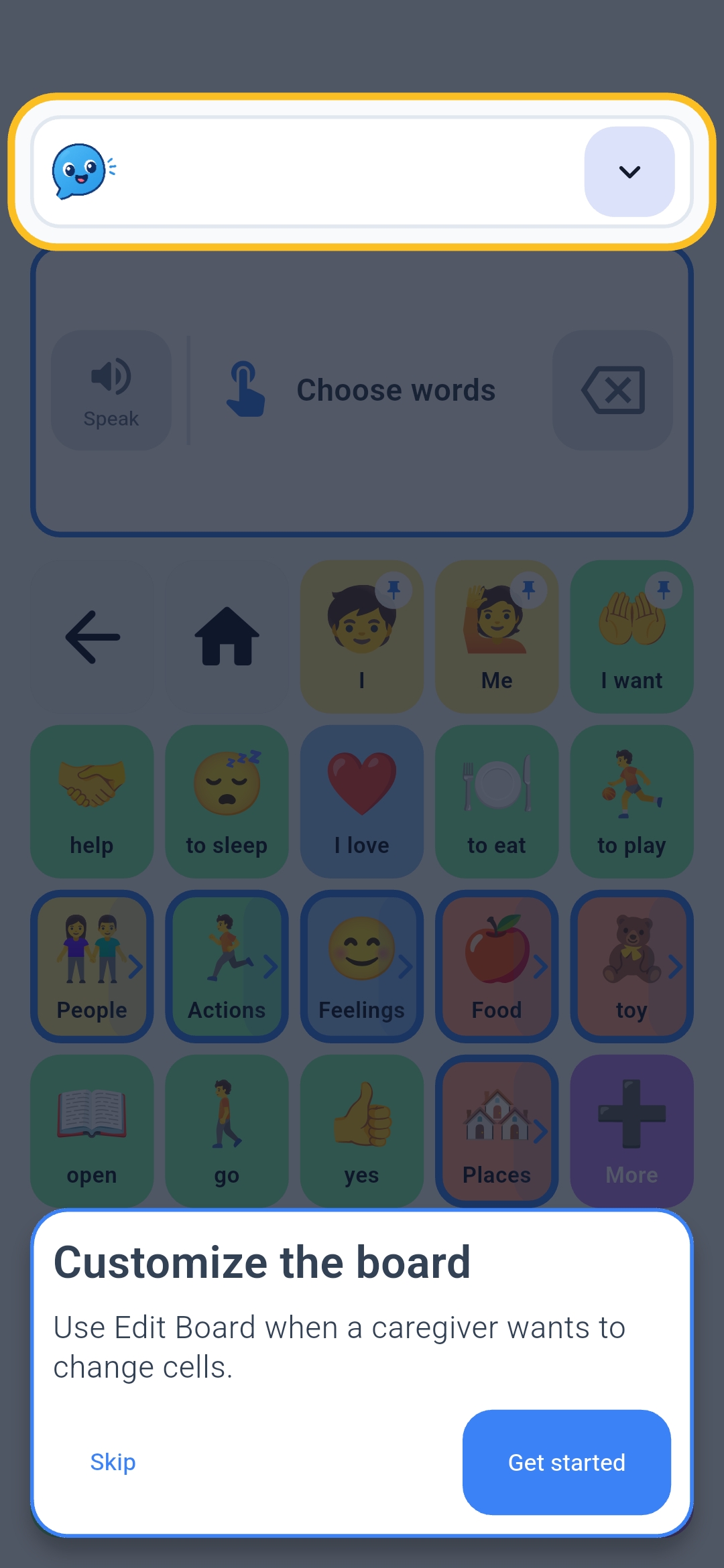 Speech Relay onboarding screen explaining board customization.