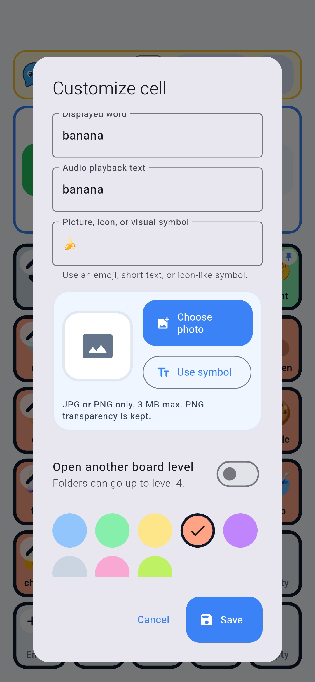 Speech Relay customize cell screen for editing a word and image.