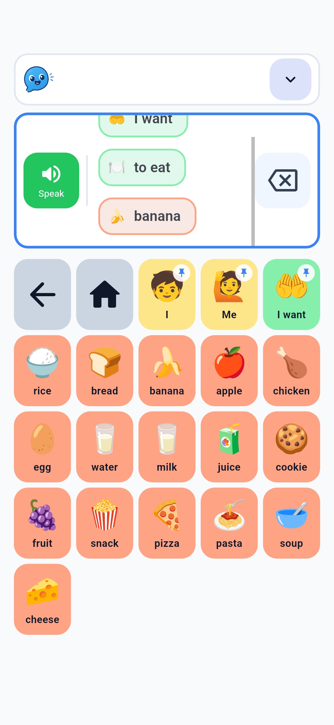 Speech Relay food vocabulary board with related words grouped together.