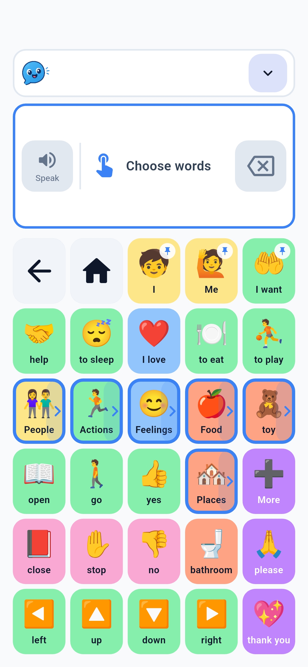 Speech Relay main word board with categories and common words.